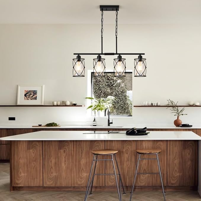 4-Light Kitchen Island Lighting, Modern Black Dining Room Light Fixtures with Clear Glass, Farmhouse Industrial Linear Chandelier Pendant Light with Adjustable Chain, CH9176BK-4IS