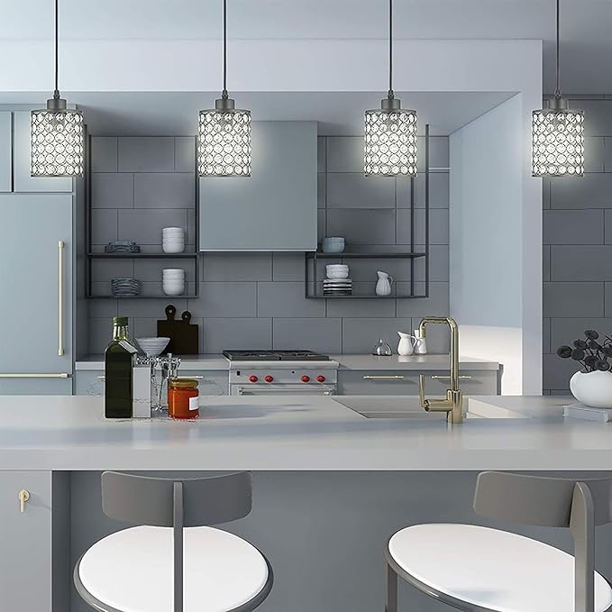 Battery Operated Pendant Lights with Remote 2 Packs,Rechargeable Pendant Light Not Hardwired,Black Crystal Glass Chandelier Cordless Ceiling Hanging Lamp for Kitchen Island Dining Room Table