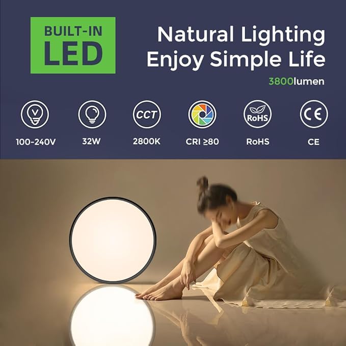 LightingWill 15.7 Inch Black Flush Mount LED Ceiling Light Fixture 32W, 3000K Daylight White, 3800LM, Flat Modern Round Closet Lighting Fixtures, Low Profile Ceiling Lamp for Bedrooms, Hallway .etc.