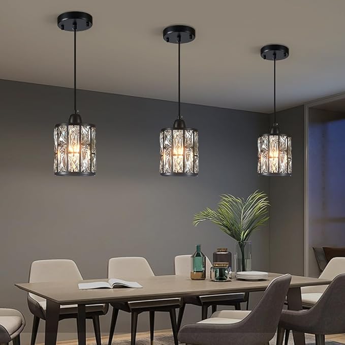 3 Pack Crystal Hanging Kitchen Island Pendant Light Black Finish Concise Fixture Crystal Plate Metal Shade for Bar Dining Room Living Room Over Sink Ceiling