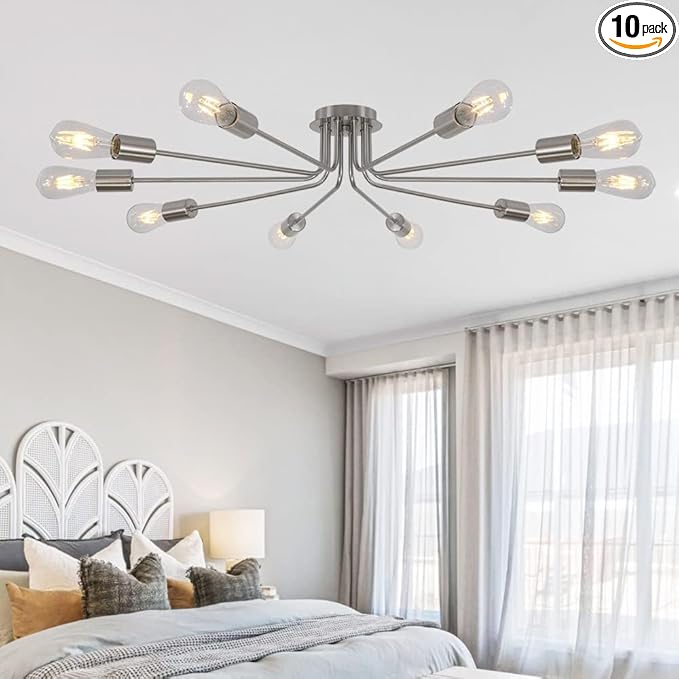 10 Light Sputnik Chandelier Brushed Nickel Ceiling Light Semi Flush Mount Light Ceiling Lamp for Kitchen Dining Room Living Room Foyer