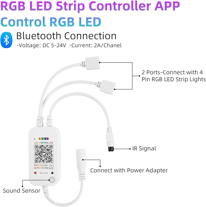 Smart Bluetooth LED Controller,RGB Music LED Strip Lights Controller,4-PIN IR Remote Control 40-Keys for 5-24V SMD 5050 3528 RGB LED Strips