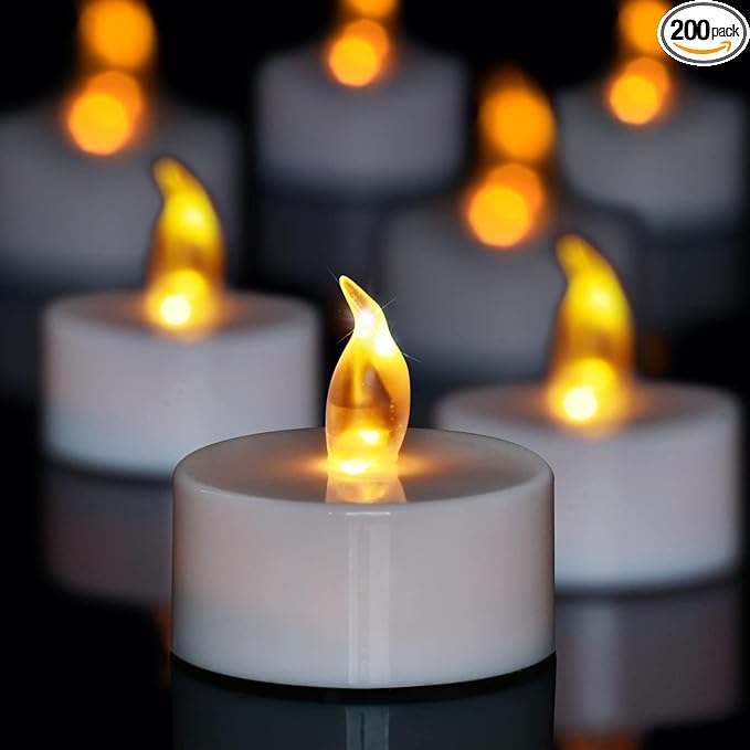 200 Pack LED Tea Lights Bulk, Realistic Flickering Battery Candles (200+ Hours), Warm Amber Flameless Votives for Church Vigils, Restaurant Ambiance, Spa & Wedding Reception (Warm Yellow)