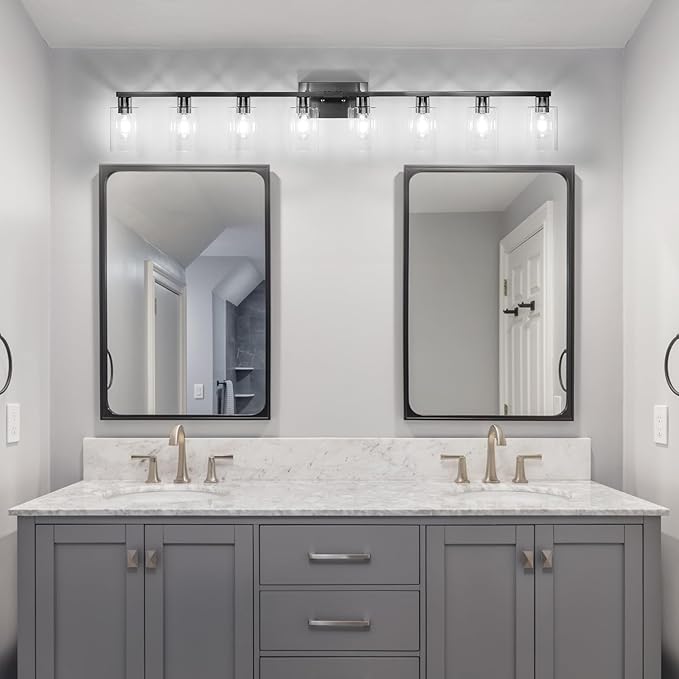 8 Light Bathroom Vanity Light,Modern Large Brushed Nickel Bathroom Light Fixtures Clear Glass Shade Rust and Moisture Prevention and Easy to Install Vanity Lights for Bathroom Lights Over Mirror