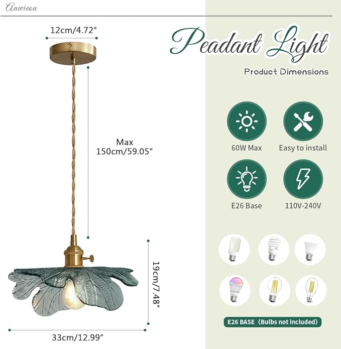 Gold Pendant Light Set of 2, Modern Hanging Ceiling Fixture with Dark Green Hand Blown Flower Glass Shade for Kitchen Island Dining Room Bedroom