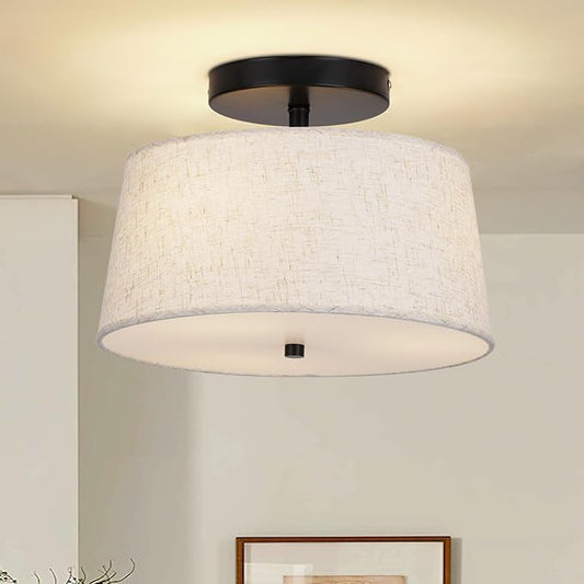 12.6" Light Fxitures Ceiling Mount,3 Light Semi Flush Mount Ceiling Light Fixture,Bedroom,Modern Close to with Linen Shade Drum Light for Living Room Kitchen Entryway lamp