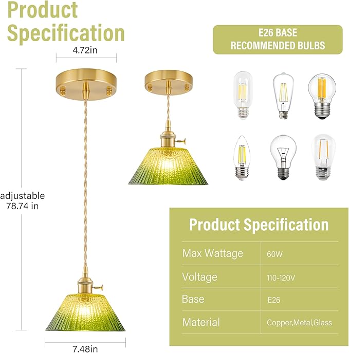 Vintage Pendant Lights Kitchen Island 2 Pack, Adjustable Brass Pendant Light Fixtures with Gradient Green Glass Shade, Gold Kitchen Pendant Lighting Over Island, Pendant Light for Dining Room Hallway