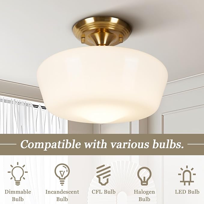 Schoolhouse Style Semi Flush Mount Ceiling Light Fixture, 12" Modern Gold Hallway Ceiling Lamp with Opal Milk Glass Shade Brass, Farmhouse Globe Light for Bedroom Kitchen Hallway Entryway Laundry