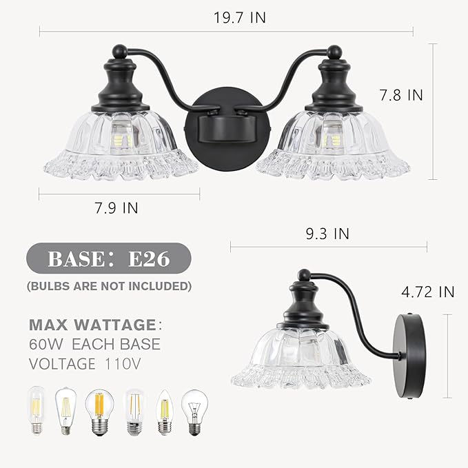 Black Bathroom Light Fixtures Over Mirror, 2 Light Vintage Bathroom Vanity Light Fixture with Clear Flower Glass Shades, Retro Vanity Lights for Bathroom, Bathroom Vanity Lights Over Mirror