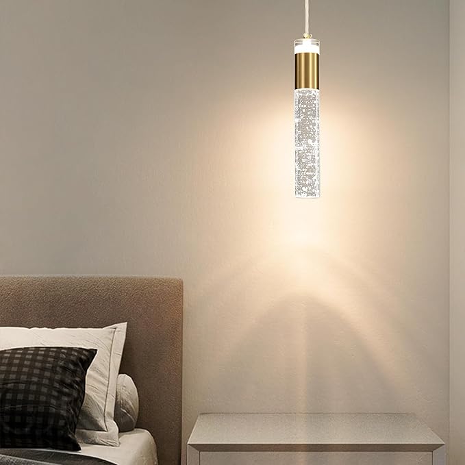 2 Pack Modern Kitchen Island Pendant Lights, Gold Bubble Crystal Ceiling Hanging Light, 3 Color 2700K/4500K/6500K, Mini Linear LED Chandelier Lighting for Dining Room, Bedroom, Bar, Hallway, Bedside
