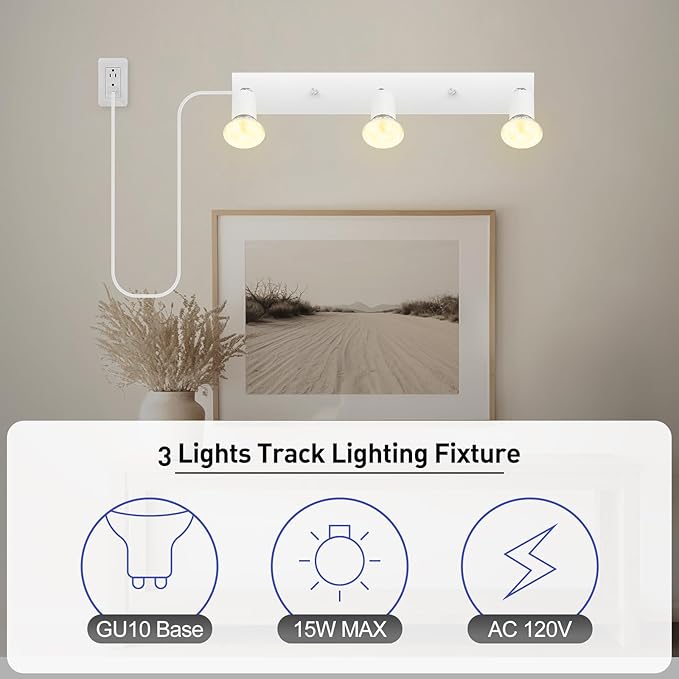 Plug in Track Lighting, 16" LED Track Light Fixtures Ceiling, White 3 Way GU10 Wall Spotlight, Rotatable Track Head, Plug in Ceiling Light Kitchen Hallway Living Room,15 Foot Power Cord(NO Bulb)