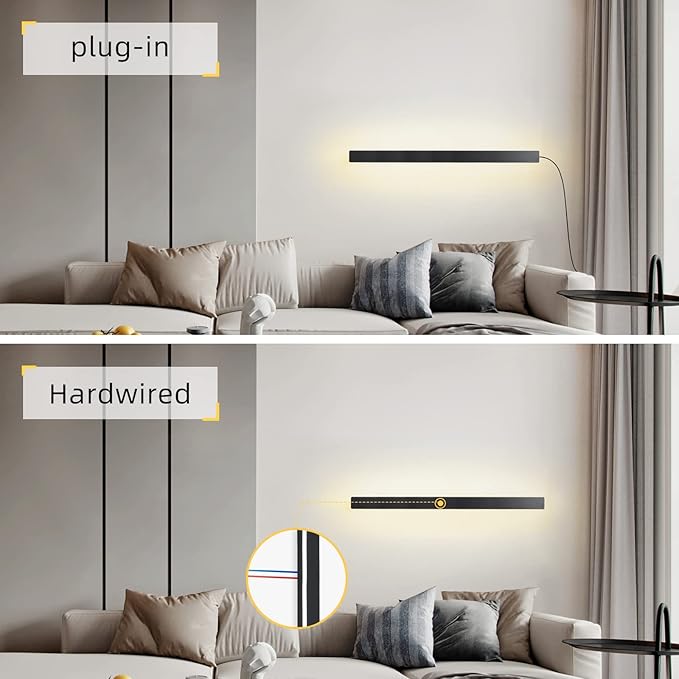 KELUOLY Modern Plug in Long Wall Sconce, 39" Black Matte LED Wall Lights, 20W Warm White 3000K Acrylic Indoor Wall lamp, with 59" Plug Cable for Bedroom, Living Room, Hallway