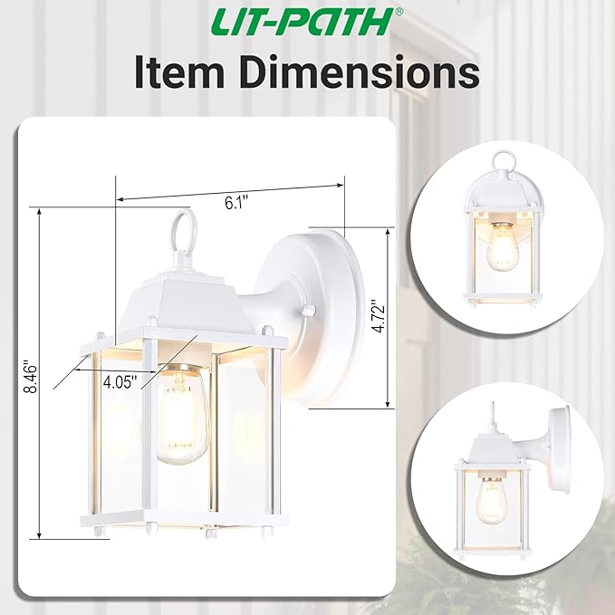 LIT-PaTH Outdoor Wall Lantern, Wall Sconce as Porch Lighting Fixture, E26 Base, Aluminum Housing Plus Glass, Water-Proof and Outdoor Rated, ETL Qualified, 2-Pack, White