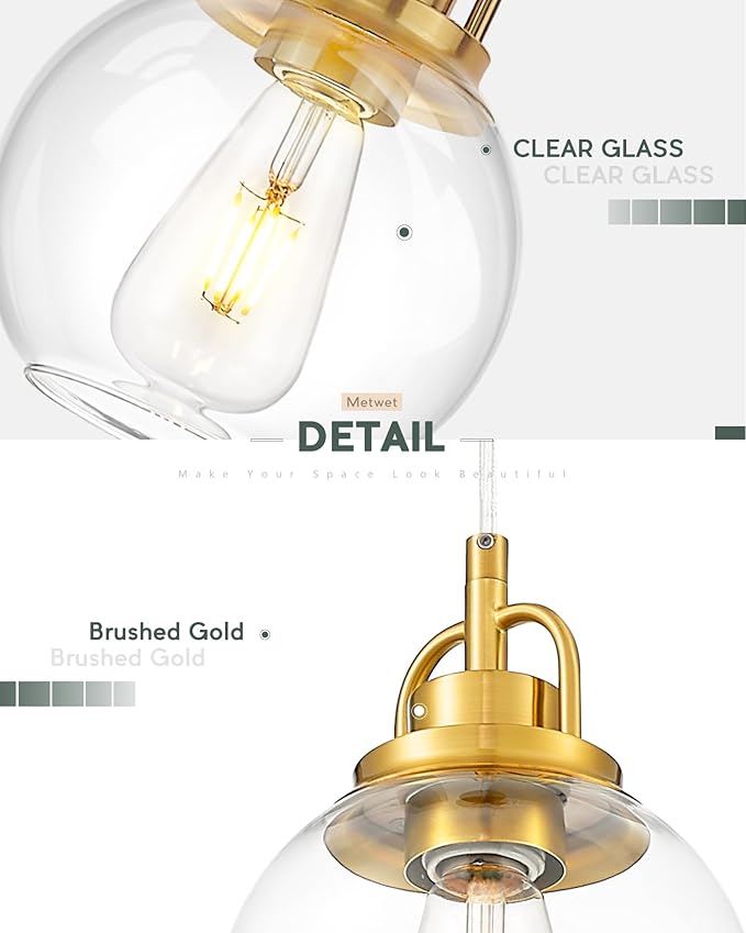 2 Pack Pendant Lights Kitchen Island, 7" Brushed Gold Pendant Light Fixtures Over Island with Globe Clear Glass Shade, Brass Hanging Lights for Dining Room Entryway, PL125-BG-2PK