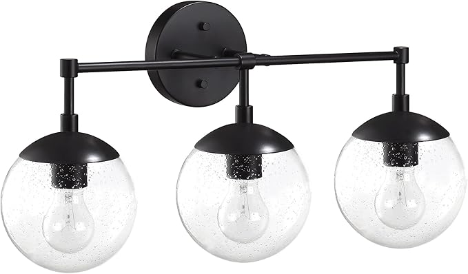 Design House Gracelyn Matte Black 3-Light Bathroom Vanity Light, Clear Seedy Glass Globes, Dimmable, 24 in. W, 588889-BLK