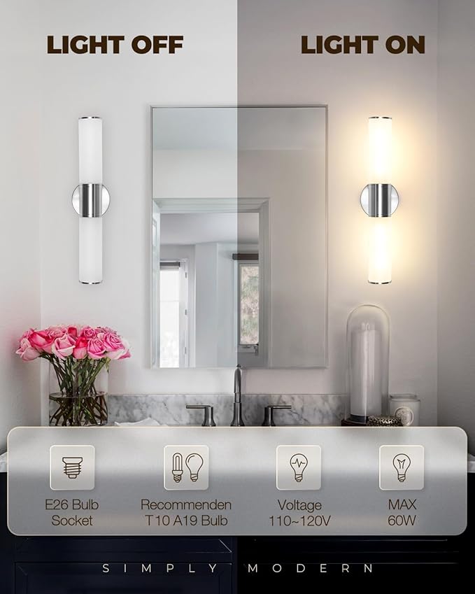 2-Light Bathroom Vanity Lighting Fixture, Brushed Nickel Wall Sconce with Opal White Glass, E26 Stocket Indoor Wall Lamp, Modern Mirror Light. 2 Pack