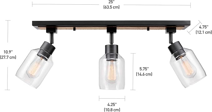 Globe Electric 59798 3-Light Track Lighting, Wood Toned and Matte Black Finish, 25 inch, Clear Glass Shades, Adjustable Heads, E26 Base, Dimmable, Rustic Modern Style