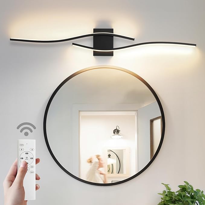 Modern LED Vanity Light with Remote Control, Modern LED Bathroom Light Fixture, Bathroom Vanity Light Fixture Over Mirror, 39.4 inch Black Wall Sconce Lighting