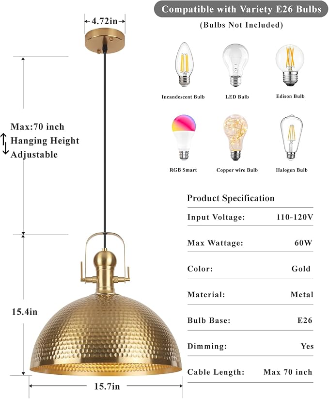 15.7 Inch Gold Pendant Light 2 Pack, Hammered Industrial Pendant Lights，Fixtures Adjustable Height Dome Pendant Light for Dining Room Bedroom Bar