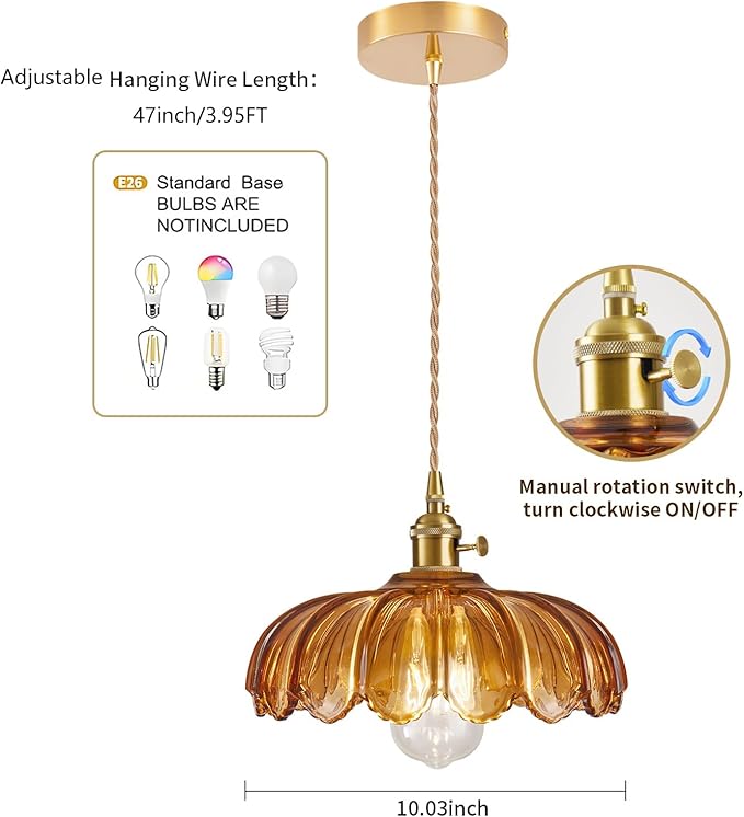 Glass Pendant Light Vintage Light Fixtures, Glass Pendant Lights Kitchen Island, Adjustable Hanging Light for Kitchen Island Dining Room Hallway (Dark Amber)