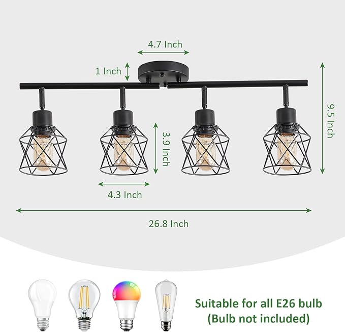 4-Lights Black Semi Flush Mount Ceiling Light, Adjustable Multi-Directional Light Fixtures,Rotatable Farmhouse Light Fixture with Metal Cage for Dining Room,Living Room,Kitchen
