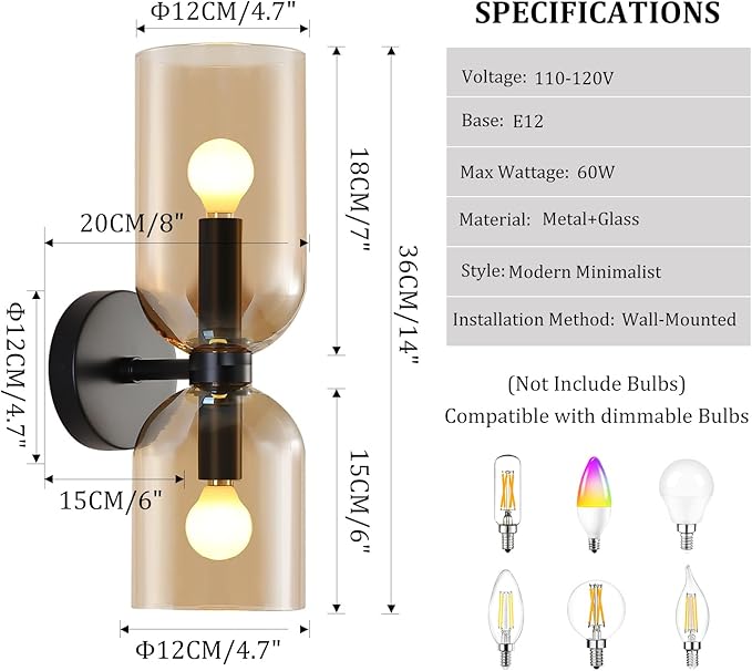 Modern Glass Wall Sconces- Double Head Wall Lighting with Long Short Glass Shades- Bathroom Vanity Light Mid-Century Up Down Hardwired Wall Lamp Indoor for Bedroom Hallway Living (Black-Amber)