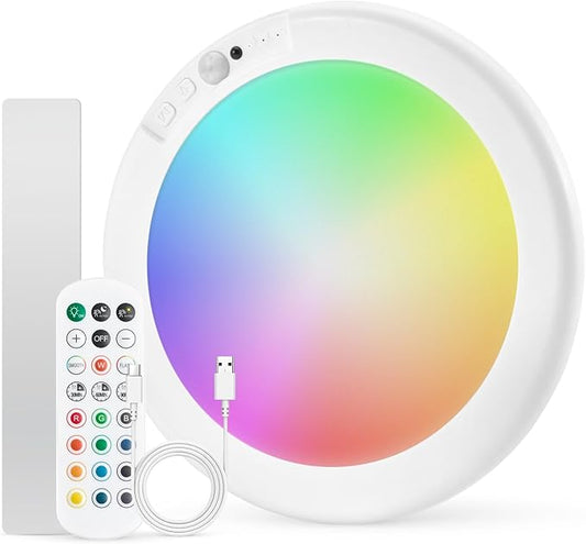 Combuh Rechargeable RGB Shower Lights - 12 Color Changing Ambient Light + Cool White, Motion Activated & Remote Control, Waterproof Cordless Wall Lamp LED for Closet, Pantry, Bedroom, 7.48 Inch