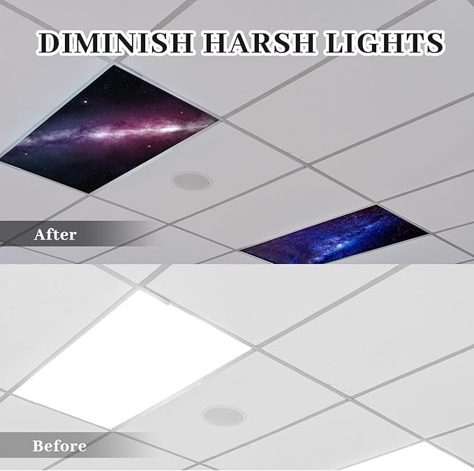 ROCEEI 8 Pack Fluorescent Light Covers, 4 x 2 Feet Magnetic Galaxy Covers Bulk for Ceiling Classroom Light, Reduce Glare, Easy Install, Filters for School, Home, Office, Hospitals Cubicle Decor