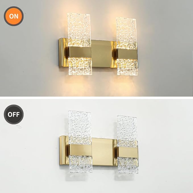 Modern Brushed Gold 4-Lights Bathroom Vanity Light, Eleglant Brass LED Bathroom Light Fixtures over Mirror, Dimmable Acrylic Shade Wall Lighting Fixtures, Hardwired Wall Light(H9.25in, L13.78in)
