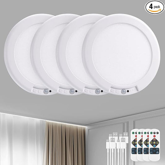 Bojim 4 Pack Rechargeable Battery Operated Ceiling Light Motion Sensor with Remote, 80 Days LED Battery Powered Dimmable 3CCT Cordless Magnetic LED Lights for Hallway Closet Bedroom