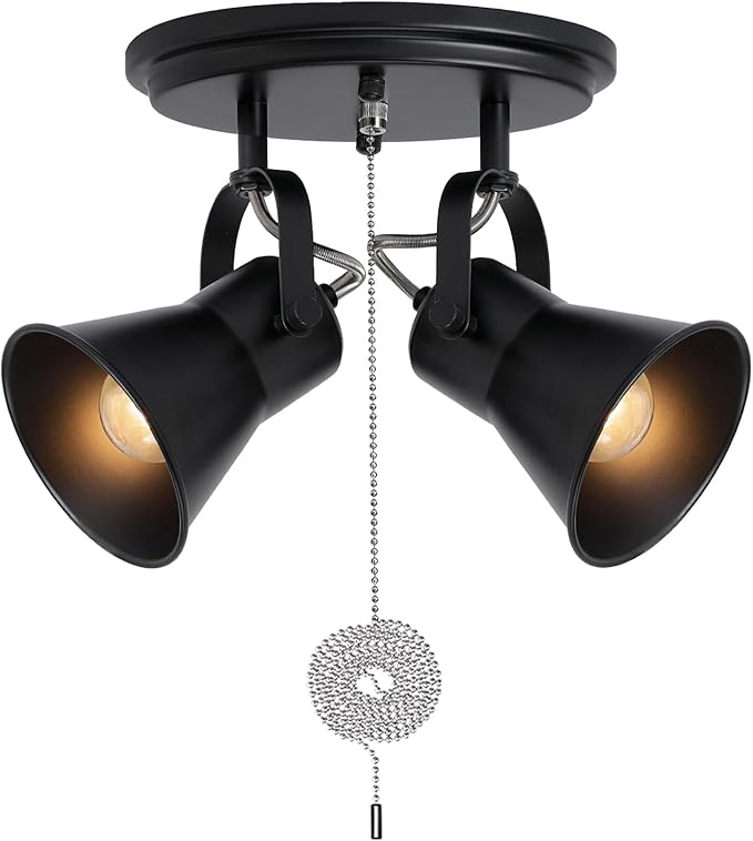 SEEBLEN 2-Light Black Track Lighting with Pull Chain, Industrial Adjustable Pull Chain Light Fixture Round Ceiling Light, Modern Flush Mount for Kitchen, Hallway, Dining Room