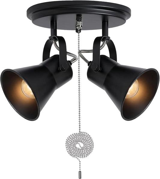 SEEBLEN 2-Light Black Track Lighting with Pull Chain, Industrial Adjustable Pull Chain Light Fixture Round Ceiling Light, Modern Flush Mount for Kitchen, Hallway, Dining Room