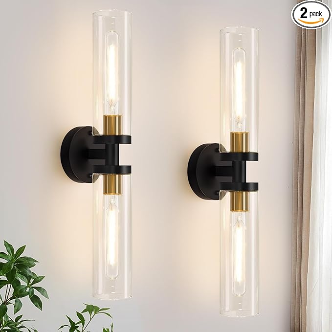 Indoi Wall Sconces Set of Two, 22" Black and Gold Bathroom Sconces with Clear Glass, Hardwired Modern Sconces Wall Decor Set of 2 Wall Light fixtures for Bathroom Mirror Living Room Hallway Bedroom