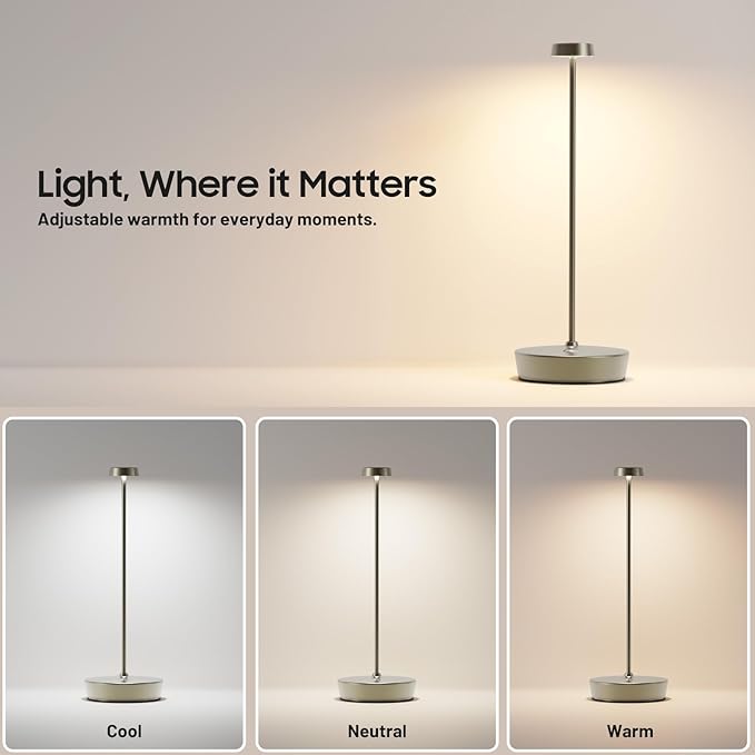 2Pack Cordless LED Table Lamp，Rechargeable Battery Desk Lamps, 3 Color Stepless Dimmable Metal Battery Table Lamps, Portable Table Light for Indoor/Outdoor/Restaurants/Bedroom/Bar