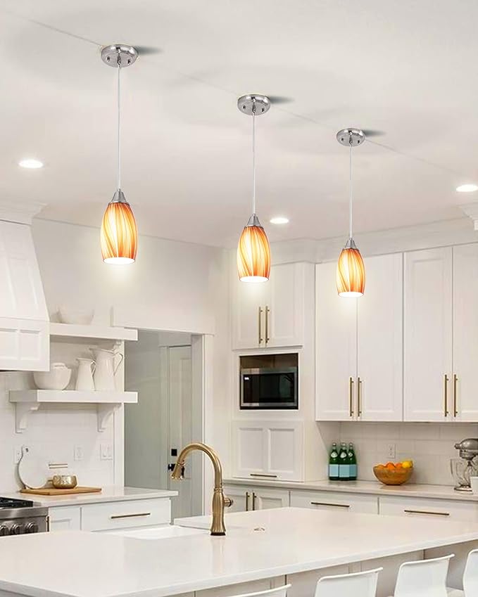 karyfine Art Glass Mini Pendant Lights for Kithen Island Blown Glass Pendant Lighting Shade with Brushed Nickel Finish 3Pack Hanging Pendant Light Kitchen Counter,Dining/Living Room Red Orange