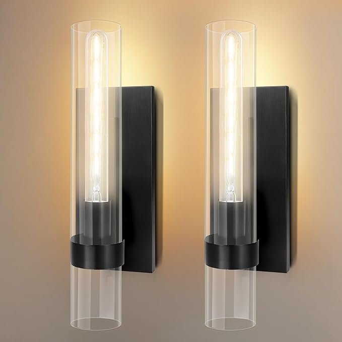 Wall Sconces Set of Two, 18" Black Bathroom Sconces with Clear Glass, Hardwired Modern Sconces Wall Decor Set of 2 Wall Light Fixtures for Bathroom Bedroom Living Room Mirror Hallway