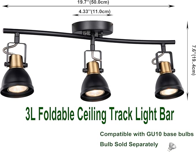 3 Light Foldable Track Lighting Kit, Matte Black Brass Finish Pivot Shades Rotatable Arm with GU10 Socket Modern Ceiling Spot Light for Kitchen,Bedroom,Living Room Home Improvement