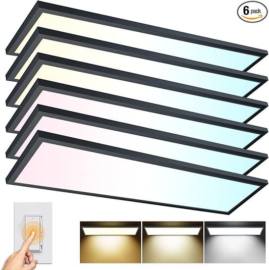 AIKVSXER 6PACK 1x4 LED Flat Panel Light Surface Mount LED Ceiling Light, 5500LM 50W TRIAC 10-100% Dimmable, 3000/4000/5000k AC120V Kitchen Lights Ceiling Flush Mount for Garage/Basement Black