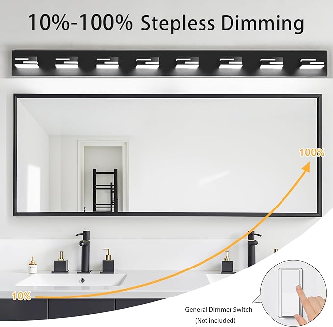 LED Modern Bathroom Vanity Light Fixtures 8-Light 55-inch 5CCT Dimmable Matte Black Vanity Lights for Bathroom Lighting Fixtures Over Mirror, with 360° Rotatable Acrylic Heads