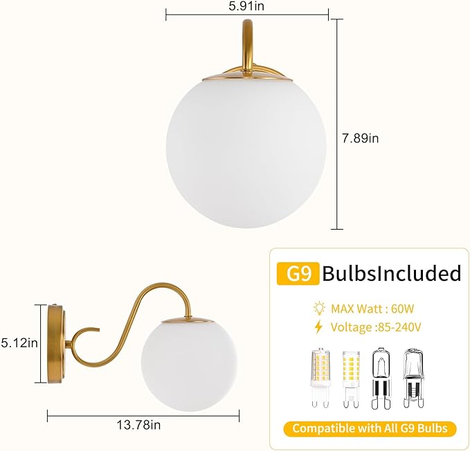 Vintage Bathroom Vanity Light Fixtures Over Mirror, Brushed Gold Vanity Lights For Bathroom With Milk White Glass Globe Shade, Wall Sconces For Bedroom, Hallway, Dressing Table(Includ G9 Bulb)