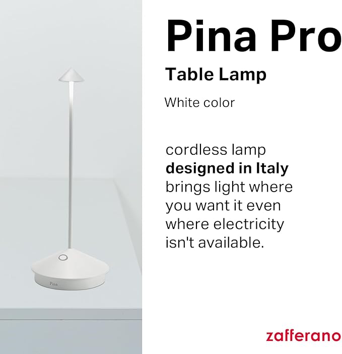 Zafferano, Pina Pro Lamp, Rechargeable Cordless Table Lamp with Touch Controls, Suitable for Indoor and Outdoor, Dimmer, 2200-3000 K, Height 11.4 Inches, White Color