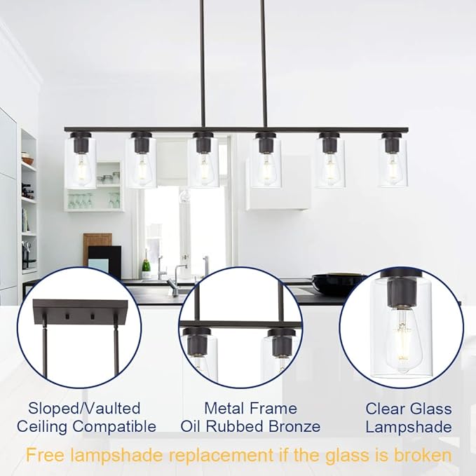 TODOLUZ 6-Light Kitchen Island Lighting Fixtures, Clear Glass Farmhouse Pendant Lights Hanging Chandelier in Oil Rubbed Bronze for Dining Room Table Cafe Bar