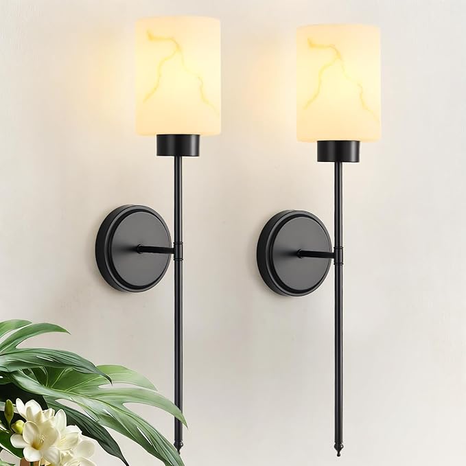 Black Wall Sconces Set of 2 with Marble Glass Shade, Modern Bathroom Vanity Light Fixtures for Bedroom, Hallway, Entryway, Living Room