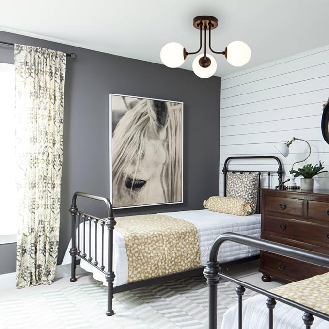 Modern Semi Flush Mount Ceiling Light,Black White Glass Shade Semi Ceiling Light 3-Light,Sputnik Chandeliers for Bedroom Hallway Dining Room Lighting Fixture, HL-23072702