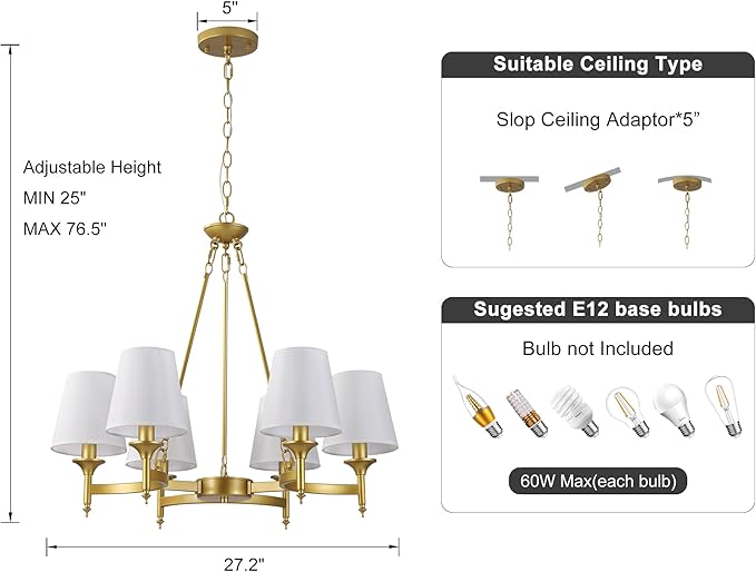 Gold Modern Farmhouse Chandelier, 27.2" 6-Light Round Pendant Light with White Fabric Shades, Adjustable Hanging Fixture for Dining Room Over Table Kitchen Island Living Room