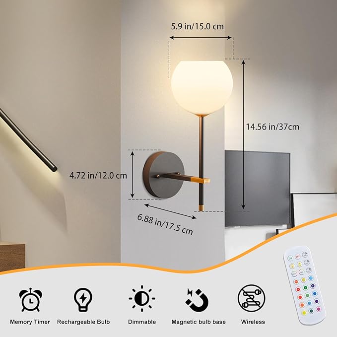 Black Gold Battery Operated Wall Sconces Set of 2, Rechargeable Wireless Wall Lights with Milky White Frosted Glass, 12 RGB and 3CCT Dimmable, Wall Lamps with Remote for Bedroom Living Room Hallway