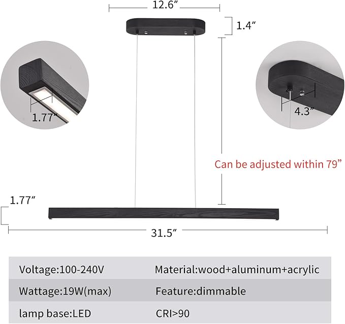 Black Wood Linear Pendant Light – Dimmable LED Chandelier with Remote, Modern Minimalist Lighting for Kitchen Islands, Dining Rooms & Pool Tables (Energy-Efficient 19W)