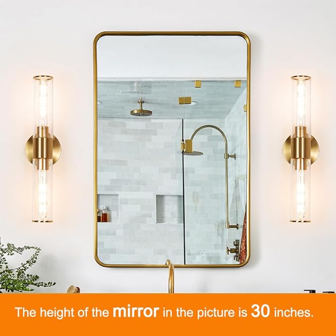 Brushed Gold Wall Sconces Set of 2 (Hardwired Only), Bathroom Vanity Light Fixtures, Modern Cylinder Glass Wall Lights for Mirror 28-40 in Height, NOT Battery Operated, E26 Base (Bulbs Not Included)