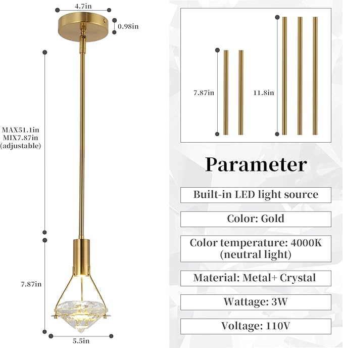 Modern Crystal Pendant Light,LED Crystal Hanging Light Fixture for Dining Room,1-Light Diamond Crystal Chandelier,Height Adjustable Pendants Lamp,Gold Ceiling Pendant Light for Kitchen Island Bedroom