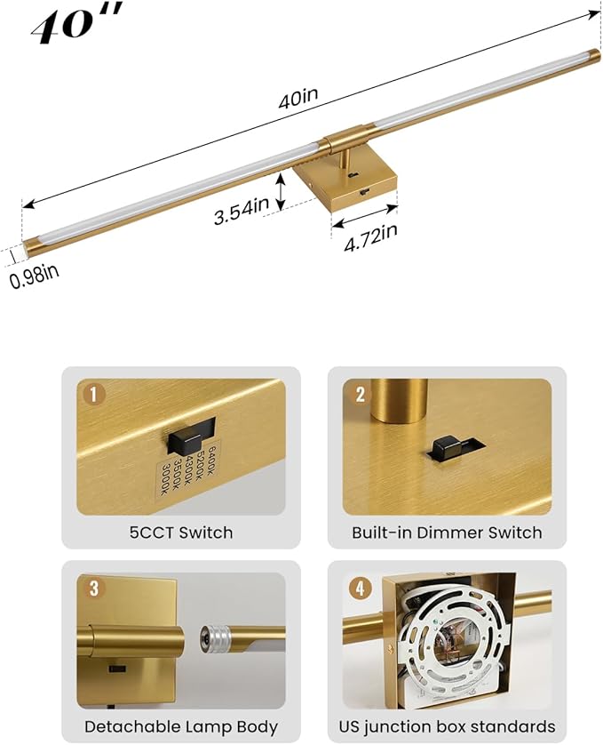 Gold Vanity Light Fixtures for Bathroom Over Mirror 40 inch LED Bath Sconces IP44 5CCT Adjustable Morden Picture Lights for Paintings (Built-in Dimmer)